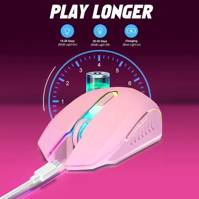 Alt view image 3 of 7 - Wireless Gaming Mouse, Rechargeable Computer Mouse, 7-Color LED Light, Ergonomic Mouse with 6 Silent Click Buttons, 3 Adjustable 2400 DPI Wireless Mouse for Laptop,PC,Mac, Pink