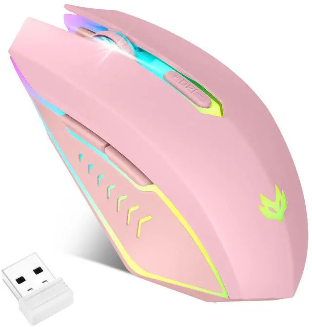 Main image of Wireless Gaming Mouse, Rechargeable Computer Mouse, 7-Color LED Light, Ergonomic Mouse with 6 Silent Click Buttons, 3 Adjustable 2400 DPI Wireless Mouse for Laptop,PC,Mac, Pink