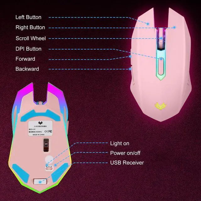 Alt view image 6 of 7 - Wireless Gaming Mouse, Rechargeable Computer Mouse, 7-Color LED Light, Ergonomic Mouse with 6 Silent Click Buttons, 3 Adjustable 2400 DPI Wireless Mouse for Laptop,PC,Mac, Pink
