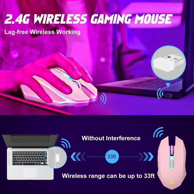 Alt view image 4 of 7 - Wireless Gaming Mouse, Rechargeable Computer Mouse, 7-Color LED Light, Ergonomic Mouse with 6 Silent Click Buttons, 3 Adjustable 2400 DPI Wireless Mouse for Laptop,PC,Mac, Pink