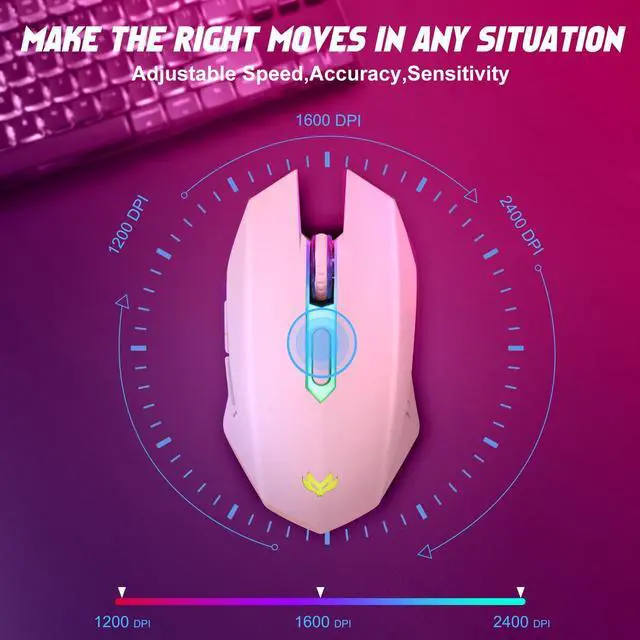 Alt view image 2 of 7 - Wireless Gaming Mouse, Rechargeable Computer Mouse, 7-Color LED Light, Ergonomic Mouse with 6 Silent Click Buttons, 3 Adjustable 2400 DPI Wireless Mouse for Laptop,PC,Mac, Pink