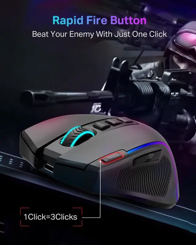 Alt view image 2 of 7 - Wireless Gaming Mouse, Ergonomic PC Gaming Mice with Thumb Groove, Tri-Mode Gaming Mouse with Mechanical Rapid Fire Key, 8000 DPI, 6 RGB Modes, 75-Hour Battery Life for PC Laptop