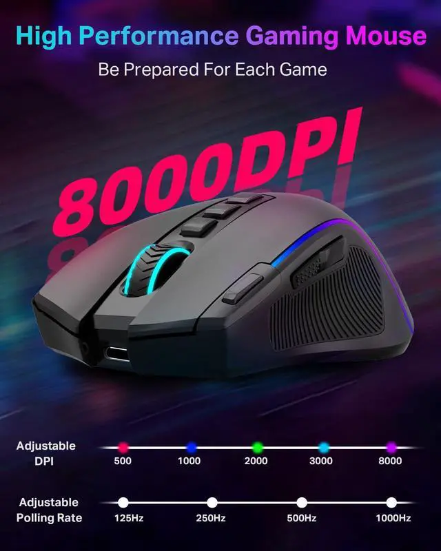 Alt view image 3 of 7 - Wireless Gaming Mouse, Ergonomic PC Gaming Mice with Thumb Groove, Tri-Mode Gaming Mouse with Mechanical Rapid Fire Key, 8000 DPI, 6 RGB Modes, 75-Hour Battery Life for PC Laptop