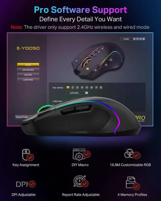 Alt view image 7 of 7 - Wireless Gaming Mouse, Ergonomic PC Gaming Mice with Thumb Groove, Tri-Mode Gaming Mouse with Mechanical Rapid Fire Key, 8000 DPI, 6 RGB Modes, 75-Hour Battery Life for PC Laptop