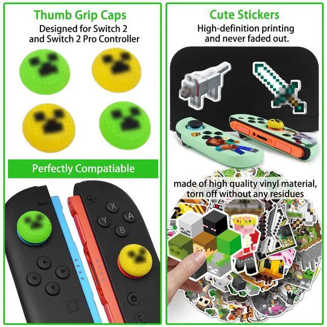Alt view image 4 of 6 - Carrying Case Accessories Bundle for Switch 2 2025, Portable Travel Case with Protective Cover, Screen Protectors, 4 Thumb Grip caps and Cute Stickers, Green