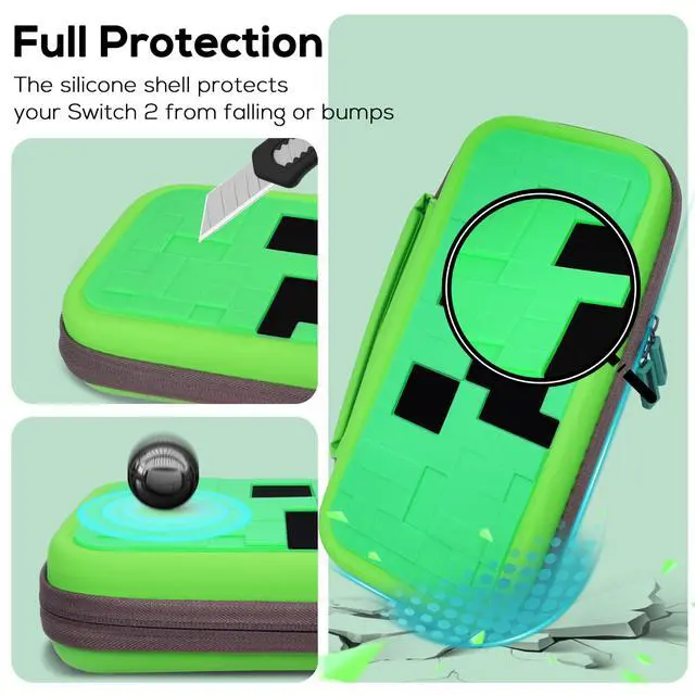 Alt view image 6 of 6 - Carrying Case Accessories Bundle for Switch 2 2025, Portable Travel Case with Protective Cover, Screen Protectors, 4 Thumb Grip caps and Cute Stickers, Green
