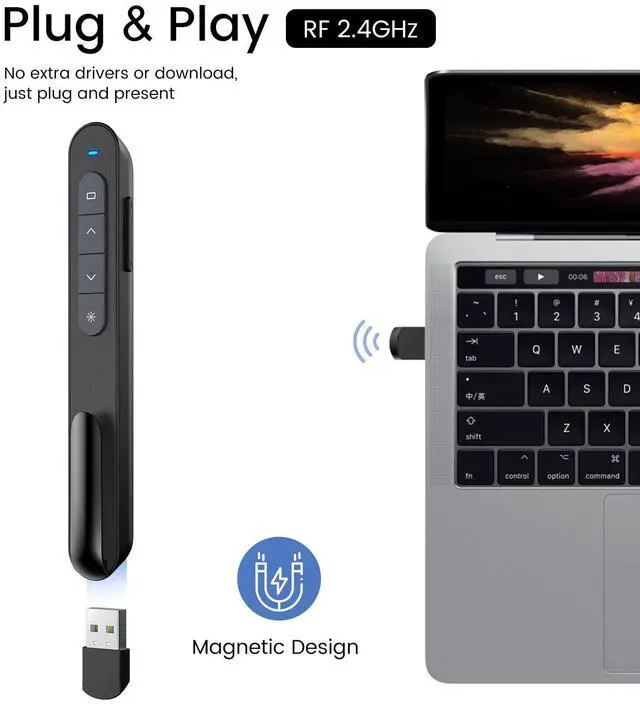 Alt view image 2 of 7 - Wireless Presenter, Hyperlink Volume Control Presentation Clicker RF 2.4GHz USB PowerPoint Clicker Presentation Remote Control Pointer Slide Advancer (Black)