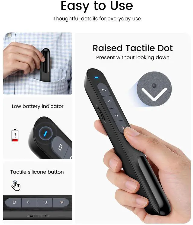 Alt view image 3 of 7 - Wireless Presenter, Hyperlink Volume Control Presentation Clicker RF 2.4GHz USB PowerPoint Clicker Presentation Remote Control Pointer Slide Advancer (Black)