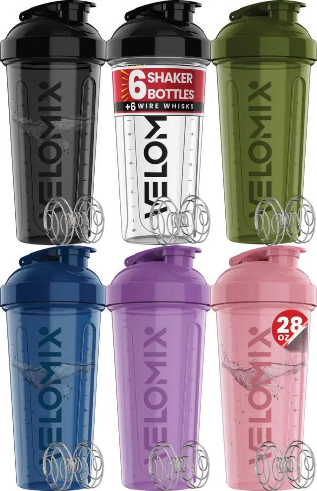 Main image of 6 PACK- 28 oz Protein Shaker Bottle for Protein Mixes -6x Wire Whisk | Leak Proof Shaker Cups for Protein Shakes | Large, Stackable Protein Shaker Bottle Pack