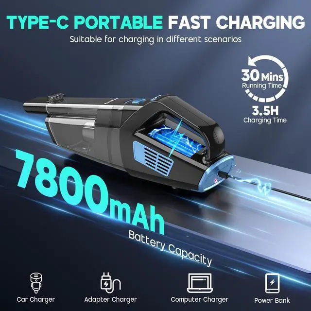 Alt view image 4 of 7 - Handheld Vacuum Cordless, 15000PA Strong Suction Hand Held Car Vacuum Cleaner Portable with Multi-Nozzles & Washable Filter, Lightweight Rechargeable Vacuum Cleaner for Home, Car, Office, Pets