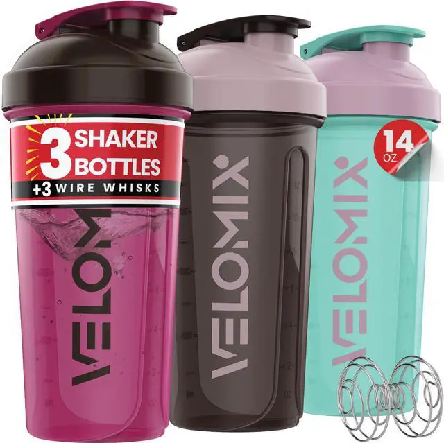 Main image of 3 PACK- 14 oz Protein Shaker Bottle for Protein Mixes - 3x Wire Whisk | Leak Proof Shaker Cups for Protein Shakes | Stackable Protein Shaker Bottle Pack | Dishwasher Safe (Mixed Colors)