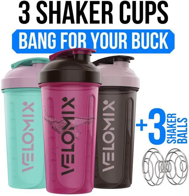 Alt view image 2 of 7 - 3 PACK- 14 oz Protein Shaker Bottle for Protein Mixes - 3x Wire Whisk | Leak Proof Shaker Cups for Protein Shakes | Stackable Protein Shaker Bottle Pack | Dishwasher Safe (Mixed Colors)