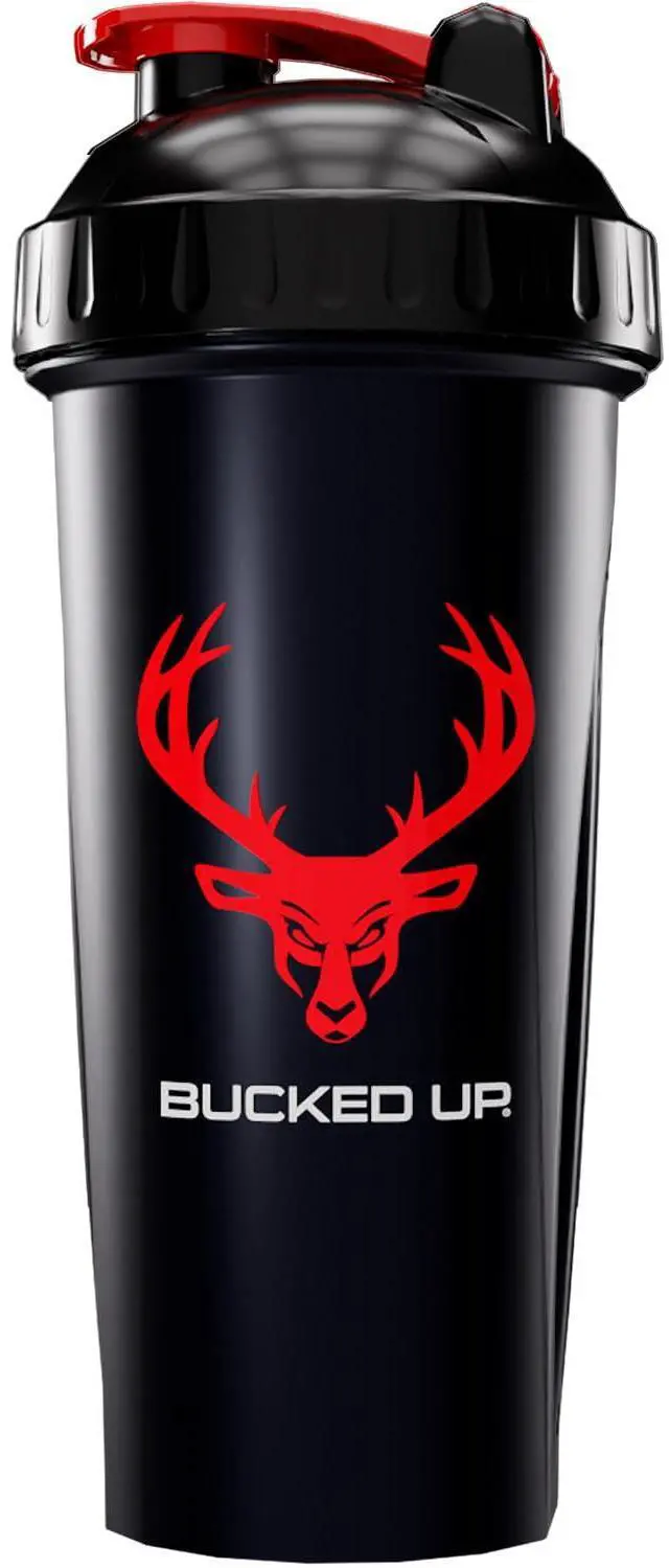 Main image of Perfect Shaker Bottle, 28oz, BPA-Free, Dishwasher Safe, Leak-Proof, Black Bottle with Red Buck Logo