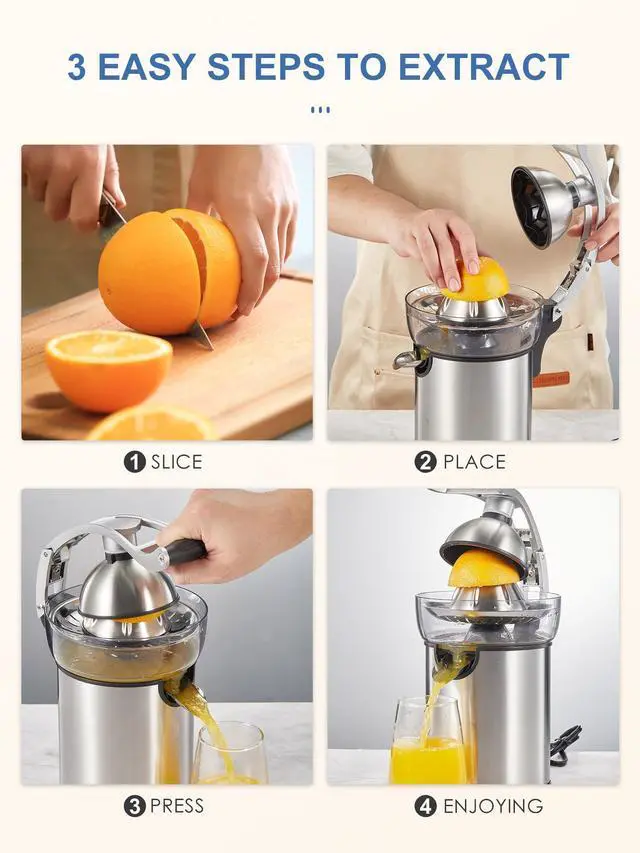 Alt view image 5 of 7 - Electric Citrus Juicer Squeezer, Electric Juicer for Orange, Lemon and Limes with Rubber Handle and Two Size Cones, Anti-Drip Spout, Easy to Clean and Use, BPA Free, Black/Stainless Steel