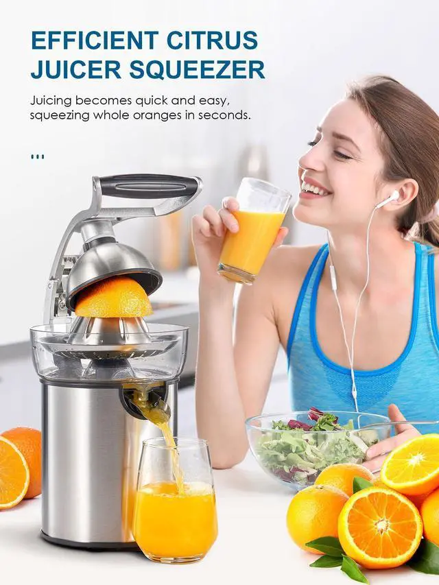 Alt view image 3 of 7 - Electric Citrus Juicer Squeezer, Electric Juicer for Orange, Lemon and Limes with Rubber Handle and Two Size Cones, Anti-Drip Spout, Easy to Clean and Use, BPA Free, Black/Stainless Steel