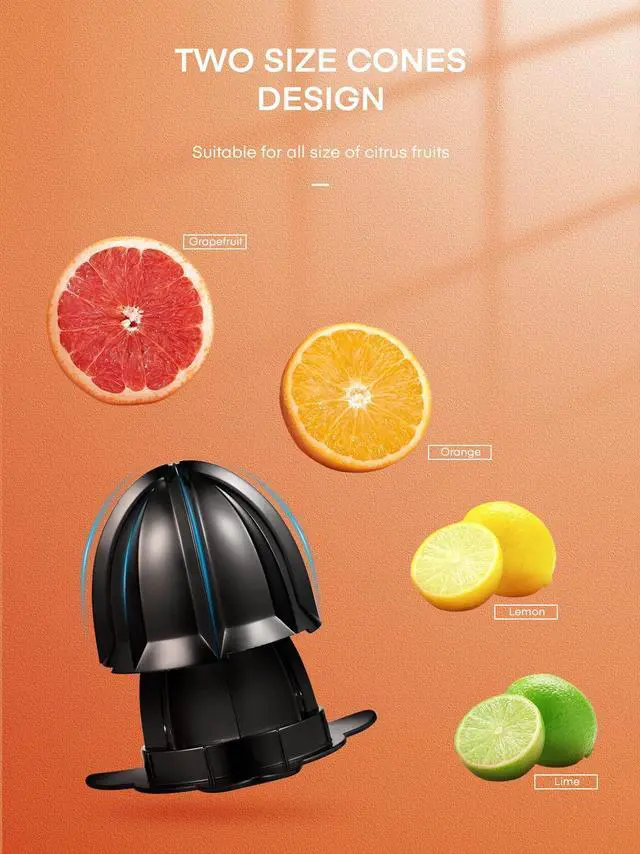 Alt view image 2 of 7 - Orange Juicer Squeezer Electric Citrus Juicer with Two Interchangeable Cones Suitable for orange, lemon and Grapefruit, Brushed Stainless Steel