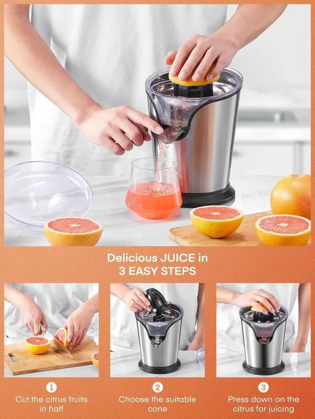Alt view image 4 of 7 - Orange Juicer Squeezer Electric Citrus Juicer with Two Interchangeable Cones Suitable for orange, lemon and Grapefruit, Brushed Stainless Steel