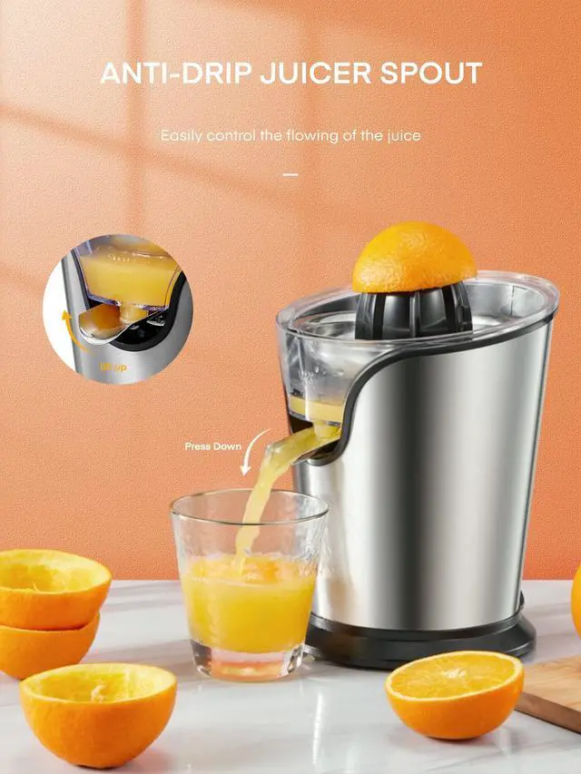 Alt view image 6 of 7 - Orange Juicer Squeezer Electric Citrus Juicer with Two Interchangeable Cones Suitable for orange, lemon and Grapefruit, Brushed Stainless Steel