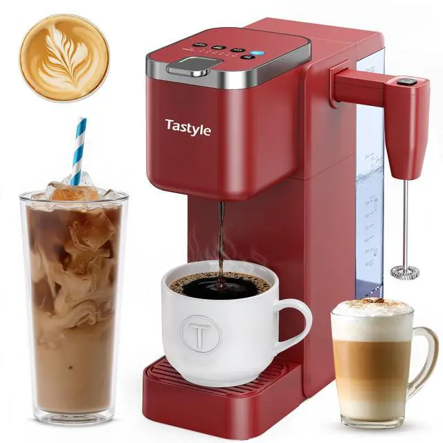 Main image of 330MF Single Serve Coffee Maker with Built-in Detachable Milk Frother, Iced and Hot Coffee Machine for K Cup & Grounds, 40oz Removable Water Reservoir, 6 Cup Sizes, Fits 7.3" Travel Mug, Red