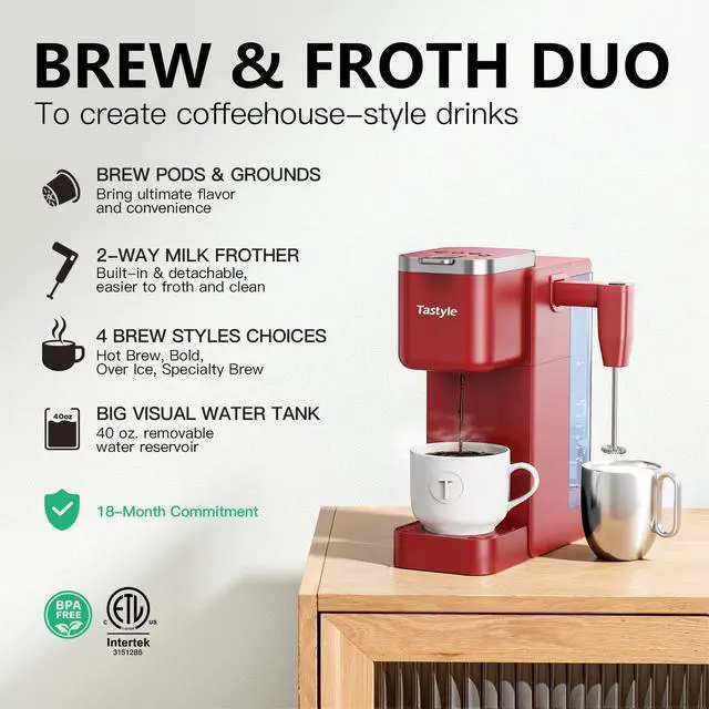 Alt view image 2 of 7 - 330MF Single Serve Coffee Maker with Built-in Detachable Milk Frother, Iced and Hot Coffee Machine for K Cup & Grounds, 40oz Removable Water Reservoir, 6 Cup Sizes, Fits 7.3" Travel Mug, Red