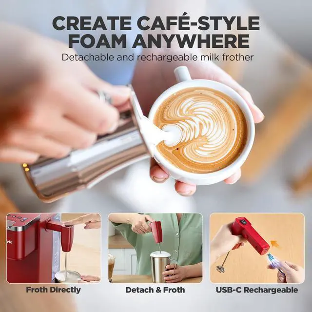 Alt view image 3 of 7 - 330MF Single Serve Coffee Maker with Built-in Detachable Milk Frother, Iced and Hot Coffee Machine for K Cup & Grounds, 40oz Removable Water Reservoir, 6 Cup Sizes, Fits 7.3" Travel Mug, Red
