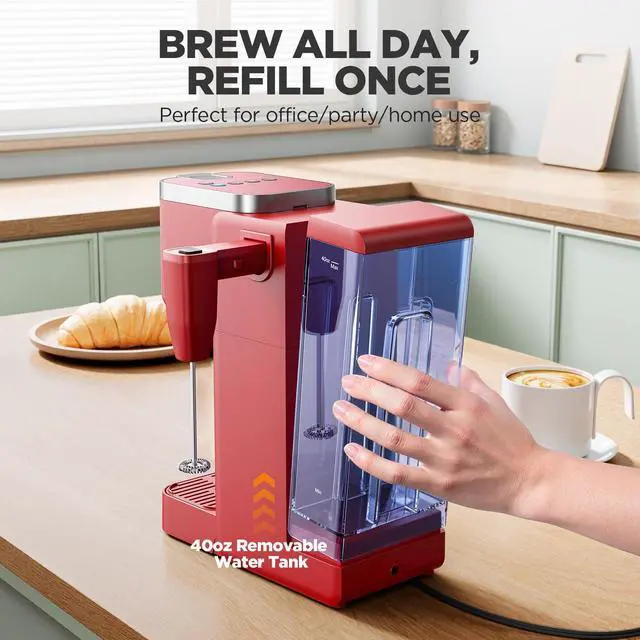 Alt view image 6 of 7 - 330MF Single Serve Coffee Maker with Built-in Detachable Milk Frother, Iced and Hot Coffee Machine for K Cup & Grounds, 40oz Removable Water Reservoir, 6 Cup Sizes, Fits 7.3" Travel Mug, Red