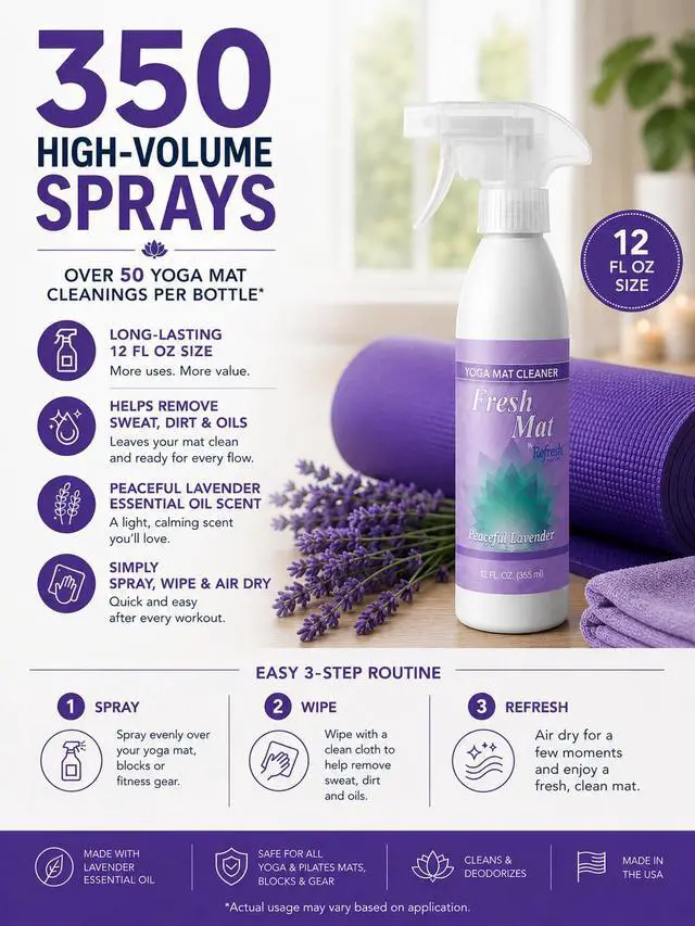 Alt view image 2 of 7 - Fresh Mat Yoga Mat Cleaner Spray - Natural Deodorizing Cleaner for Yoga Mats & Fitness Equipment - No-Rinse, Residue-Free Formula with Witch Hazel & Essential Oil, Peaceful Lavender (12 fl oz).