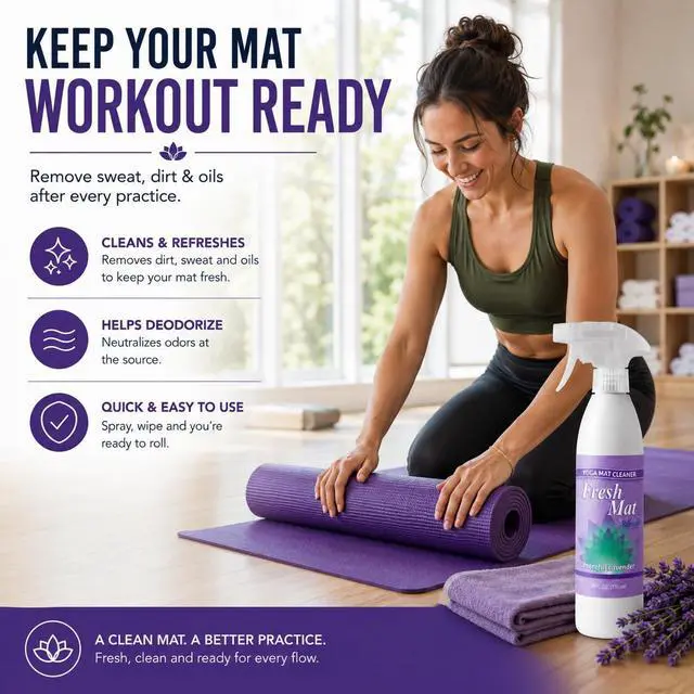 Alt view image 4 of 7 - Fresh Mat Yoga Mat Cleaner Spray - Natural Deodorizing Cleaner for Yoga Mats & Fitness Equipment - No-Rinse, Residue-Free Formula with Witch Hazel & Essential Oil, Peaceful Lavender (12 fl oz).