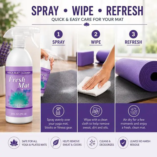 Alt view image 3 of 7 - Fresh Mat Yoga Mat Cleaner Spray - Natural Deodorizing Cleaner for Yoga Mats & Fitness Equipment - No-Rinse, Residue-Free Formula with Witch Hazel & Essential Oil, Peaceful Lavender (12 fl oz).
