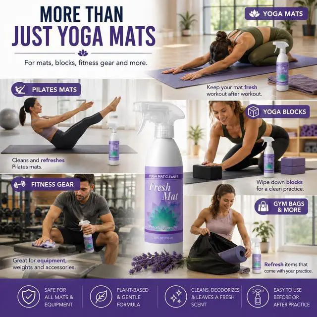 Alt view image 5 of 7 - Fresh Mat Yoga Mat Cleaner Spray - Natural Deodorizing Cleaner for Yoga Mats & Fitness Equipment - No-Rinse, Residue-Free Formula with Witch Hazel & Essential Oil, Peaceful Lavender (12 fl oz).