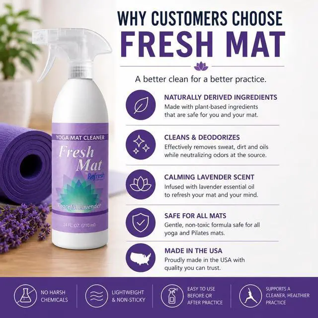 Alt view image 6 of 7 - Fresh Mat Yoga Mat Cleaner Spray - Natural Deodorizing Cleaner for Yoga Mats & Fitness Equipment - No-Rinse, Residue-Free Formula with Witch Hazel & Essential Oil, Peaceful Lavender (12 fl oz).