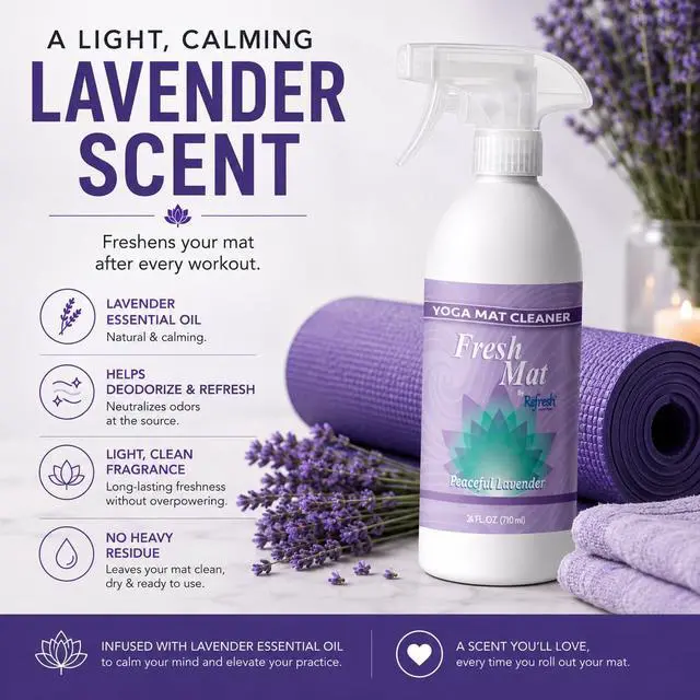 Alt view image 7 of 7 - Fresh Mat Yoga Mat Cleaner Spray - Natural Deodorizing Cleaner for Yoga Mats & Fitness Equipment - No-Rinse, Residue-Free Formula with Witch Hazel & Essential Oil, Peaceful Lavender (12 fl oz).