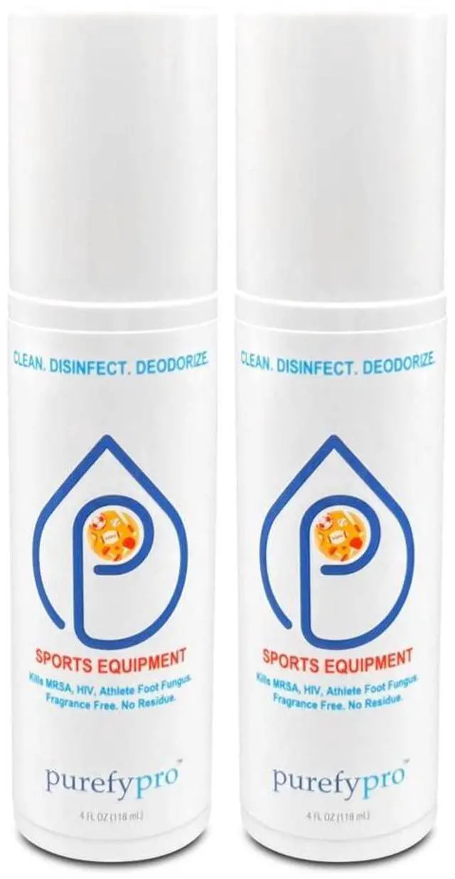 Main image of Purefypro Sports Equipment Disinfectant Spray - (4oz, 2pk) Kills 99.9999% MRSA, HIV, Athlete Foot Fungus, Virus and Fungi. No Rinse, No Residue. Sports Pads, Yoga Mats, Shoes, Boxing Gloves Euipment