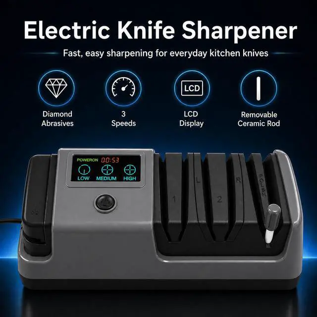 Alt view image 2 of 7 - Electric Knife Sharpener for Knives, Scissors, Axes, 5-in-1 Multi-Function Sharpener with Adjustable Speed, 3-Stage Diamond Grinding, Ceramic Polishing Rod, LCD Display