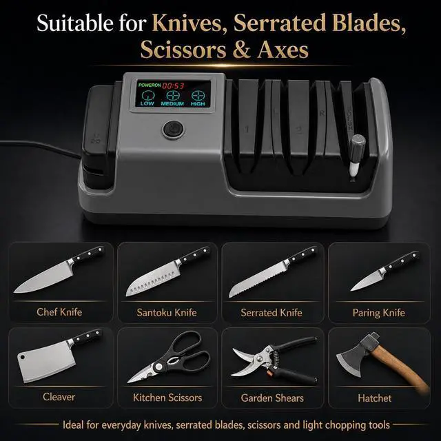 Alt view image 4 of 7 - Electric Knife Sharpener for Knives, Scissors, Axes, 5-in-1 Multi-Function Sharpener with Adjustable Speed, 3-Stage Diamond Grinding, Ceramic Polishing Rod, LCD Display