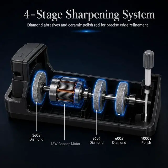 Alt view image 3 of 7 - Electric Knife Sharpener for Knives, Scissors, Axes, 5-in-1 Multi-Function Sharpener with Adjustable Speed, 3-Stage Diamond Grinding, Ceramic Polishing Rod, LCD Display