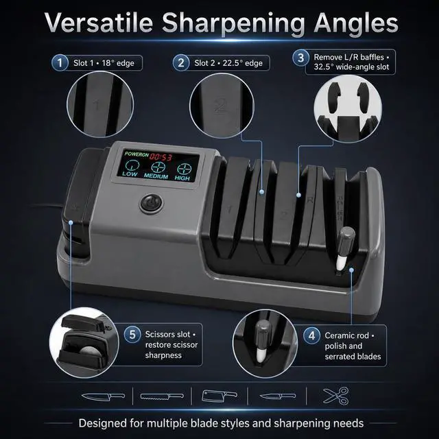 Alt view image 5 of 7 - Electric Knife Sharpener for Knives, Scissors, Axes, 5-in-1 Multi-Function Sharpener with Adjustable Speed, 3-Stage Diamond Grinding, Ceramic Polishing Rod, LCD Display