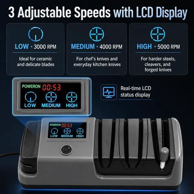 Alt view image 7 of 7 - Electric Knife Sharpener for Knives, Scissors, Axes, 5-in-1 Multi-Function Sharpener with Adjustable Speed, 3-Stage Diamond Grinding, Ceramic Polishing Rod, LCD Display