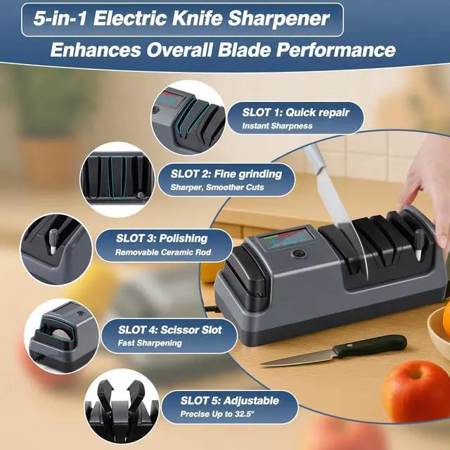 Alt view image 4 of 7 - 5 in 1 Electric Knife and Scissor Sharpener, Electric Knife Sharpeners for Kitchen Knives, 3 Speeds Fast Knives Sharpening, Diamond Abrasives & LCD Display