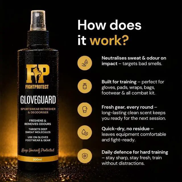 Alt view image 2 of 7 - GloveGuard Sports Gear Deodorizer Spray 6.76 fl oz Odor Neutralizer for Boxing Gloves, MMA Gear, Soccer Cleats, Sneakers & Gym Kit Neutralizes Sweat Odors Fast