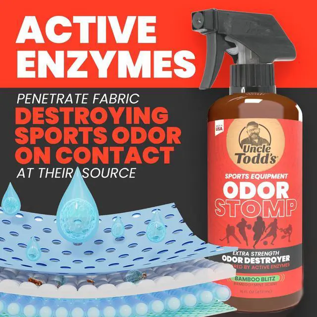 Alt view image 6 of 7 - Odor Stomp Sports Equipment Odor Eliminator Spray - Extra Strength Enzyme-Powered Deodorizer for Football, Hockey, Gym Bags, and Athletic Gear - Bamboo Blitz Scent - 16 oz