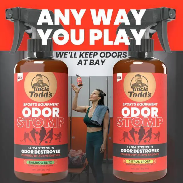 Alt view image 7 of 7 - Odor Stomp Sports Equipment Odor Eliminator Spray - Extra Strength Enzyme-Powered Deodorizer for Football, Hockey, Gym Bags, and Athletic Gear - Citrus Sport Scent - 16oz