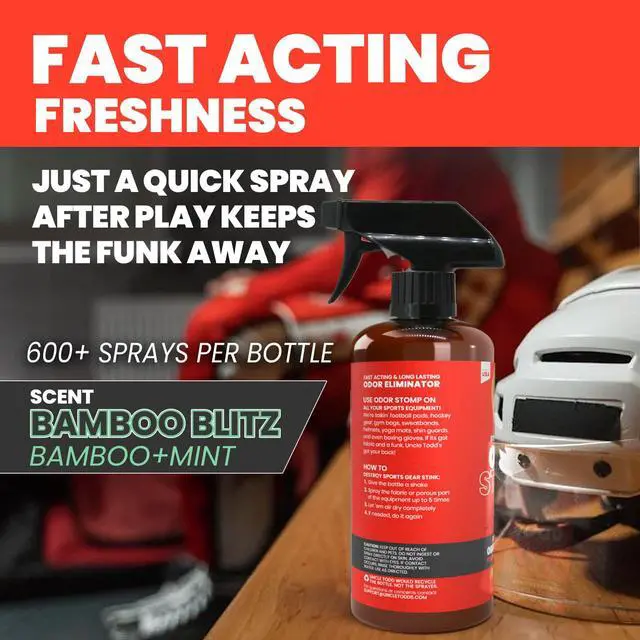 Alt view image 3 of 7 - Odor Stomp Sports Equipment Odor Eliminator Spray - Extra Strength Enzyme-Powered Deodorizer for Football, Hockey, Gym Bags, and Athletic Gear - Bamboo Blitz Scent - 16 oz