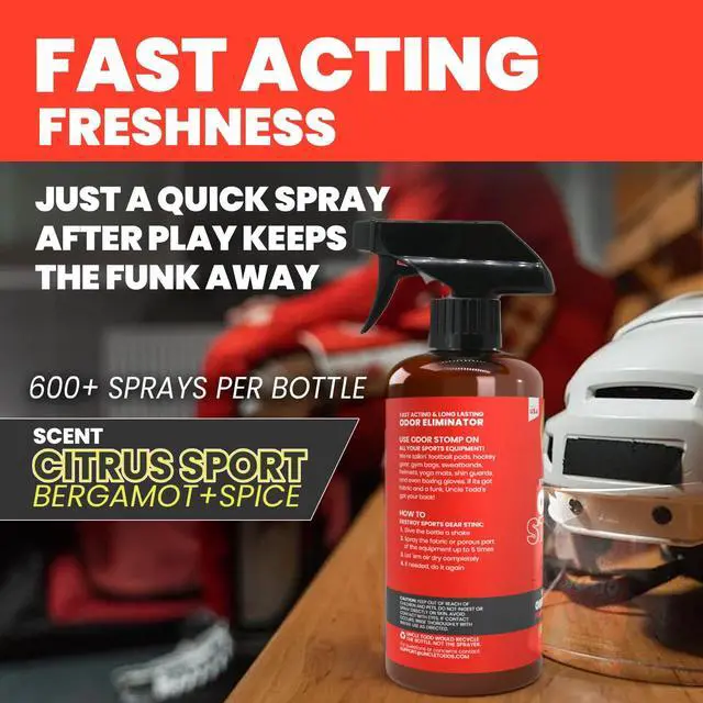 Alt view image 3 of 7 - Odor Stomp Sports Equipment Odor Eliminator Spray - Extra Strength Enzyme-Powered Deodorizer for Football, Hockey, Gym Bags, and Athletic Gear - Citrus Sport Scent - 16oz
