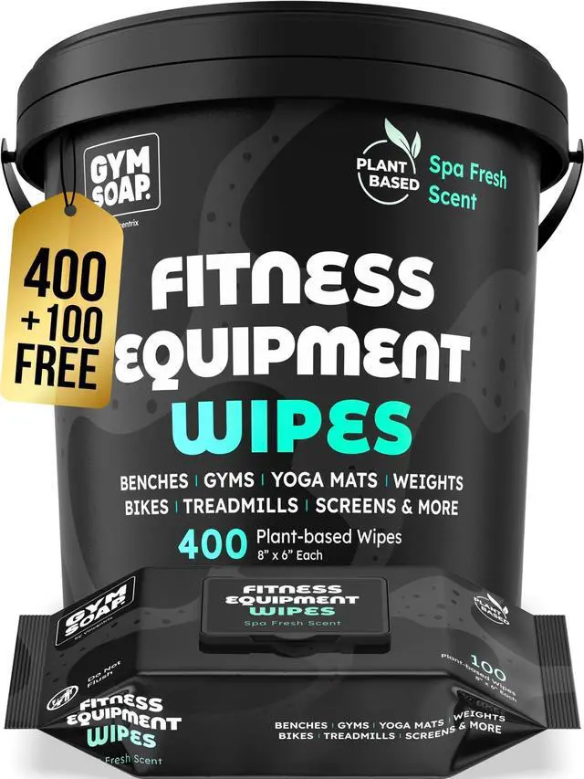 Main image of Gym & Yoga Mat Cleaner Wipes, Plant Based - 500 Gym Equipment Wipes to Clean Exercise Equipment, Treadmill, Peloton Bikes - Gym Supplies, Yoga Supplier, Cleaning Wipes for Home & Gym - Spa Fresh Scent
