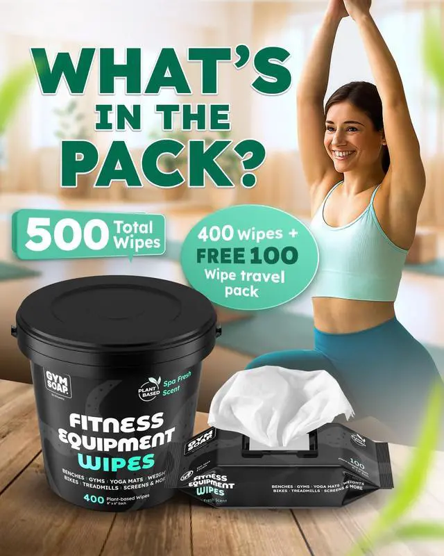 Alt view image 2 of 7 - Gym & Yoga Mat Cleaner Wipes, Plant Based - 500 Gym Equipment Wipes to Clean Exercise Equipment, Treadmill, Peloton Bikes - Gym Supplies, Yoga Supplier, Cleaning Wipes for Home & Gym - Spa Fresh Scent