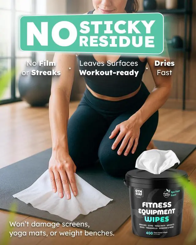 Alt view image 6 of 7 - Gym & Yoga Mat Cleaner Wipes, Plant Based - 500 Gym Equipment Wipes to Clean Exercise Equipment, Treadmill, Peloton Bikes - Gym Supplies, Yoga Supplier, Cleaning Wipes for Home & Gym - Spa Fresh Scent
