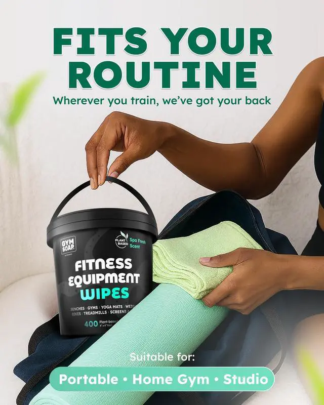 Alt view image 7 of 7 - Gym & Yoga Mat Cleaner Wipes, Plant Based - 500 Gym Equipment Wipes to Clean Exercise Equipment, Treadmill, Peloton Bikes - Gym Supplies, Yoga Supplier, Cleaning Wipes for Home & Gym - Spa Fresh Scent
