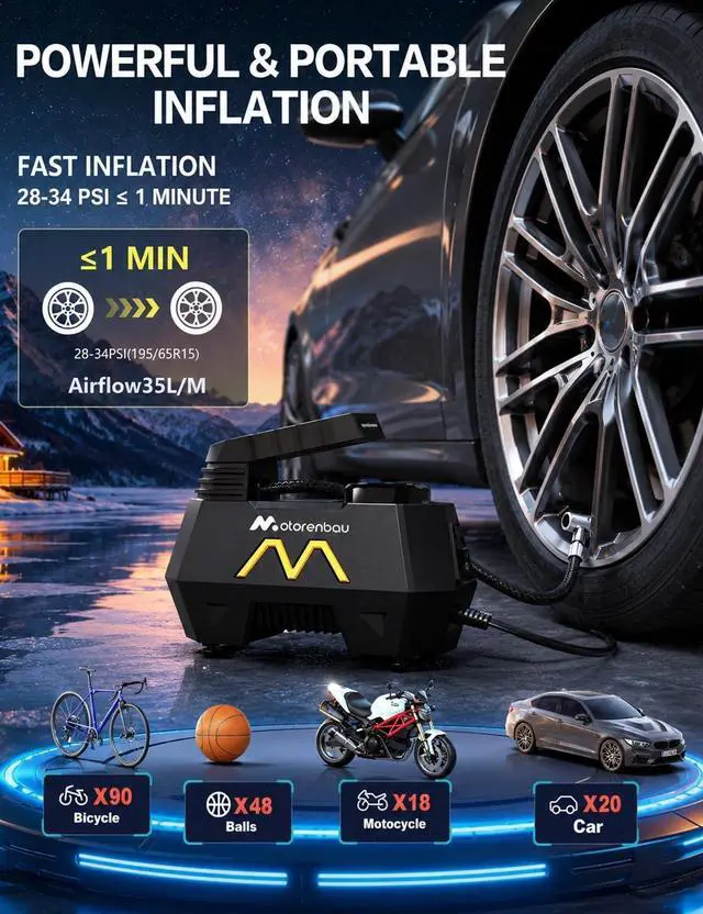 Alt view image 2 of 7 - Tire Inflator Portable Air Compressor, 9.8Ft Cord-12V DC-Powered Air Pump for Car Tires, Car Accessories-Auto Fast Pump with Digital Pressure Gauge, LED Light for Car, Motorcycle Bicycle Ball Balloons