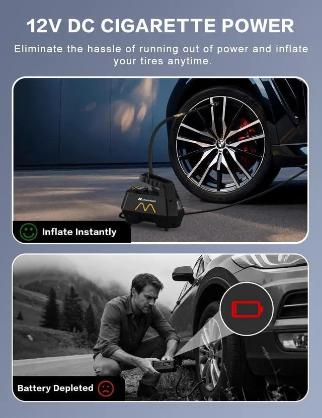 Alt view image 5 of 7 - Tire Inflator Portable Air Compressor, 9.8Ft Cord-12V DC-Powered Air Pump for Car Tires, Car Accessories-Auto Fast Pump with Digital Pressure Gauge, LED Light for Car, Motorcycle Bicycle Ball Balloons